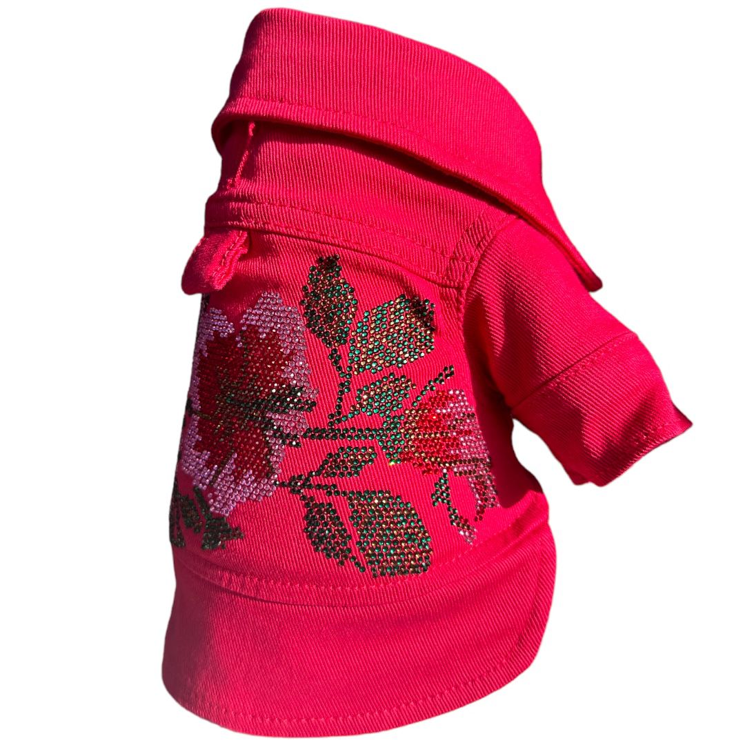 PEMBE İŞLEMELİ DENIM KÖPEK CEKET