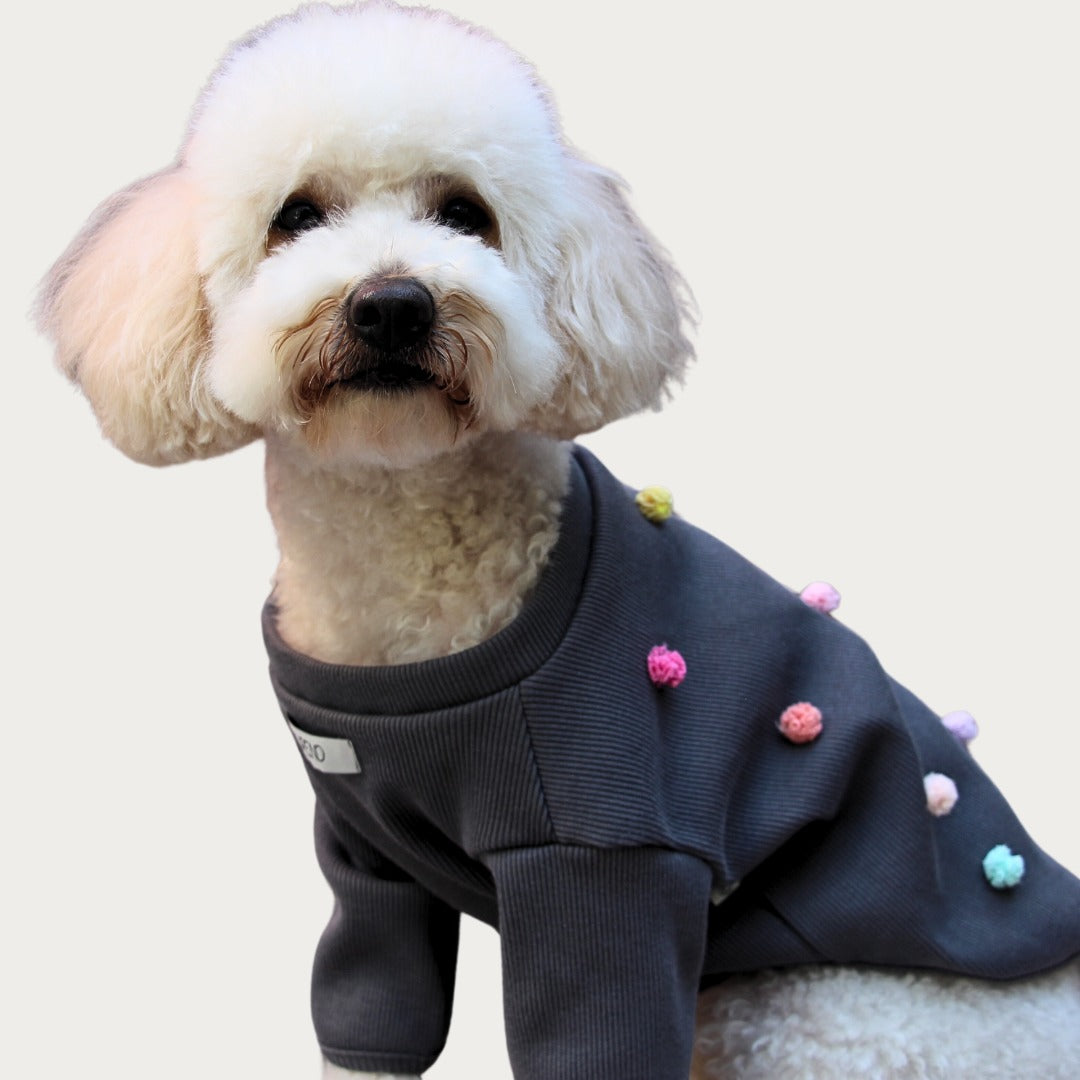 FUREND GREY POMPOM DOG T-SHIRT
