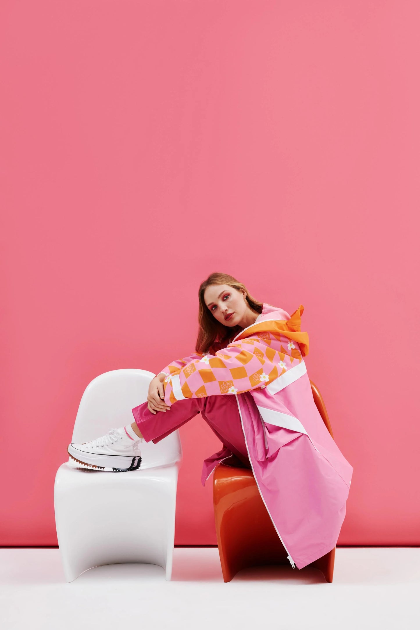 Orange Pink Checkered Human Raincoat