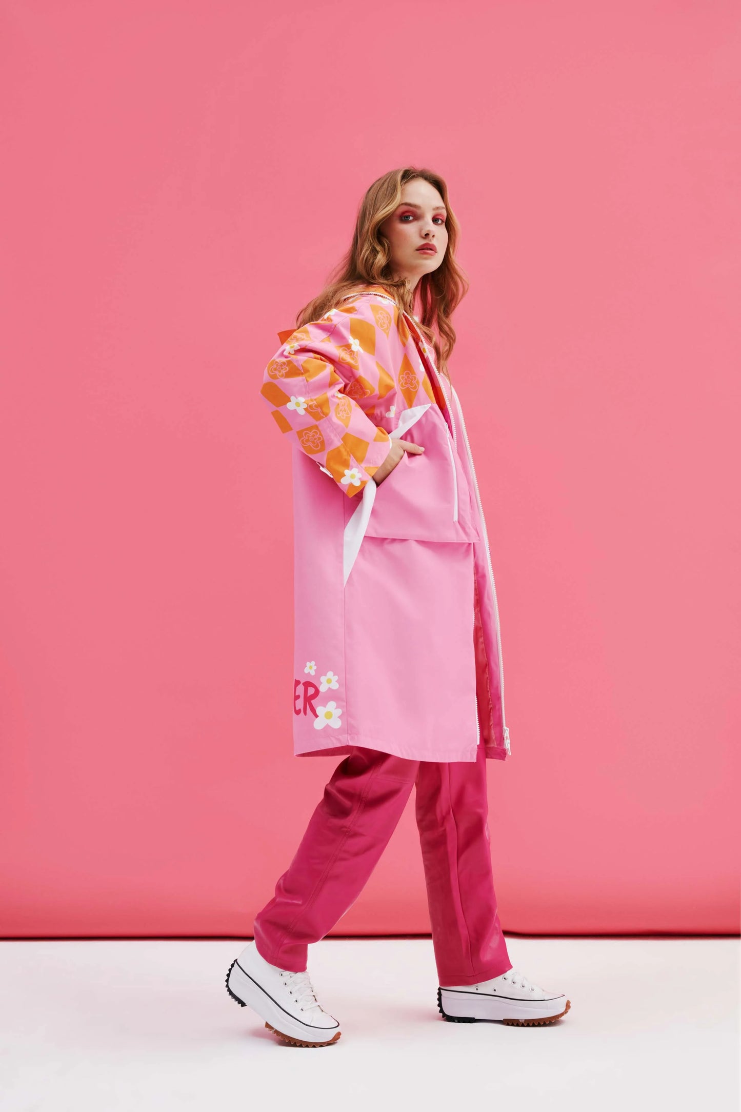 Orange Pink Checkered Human Raincoat