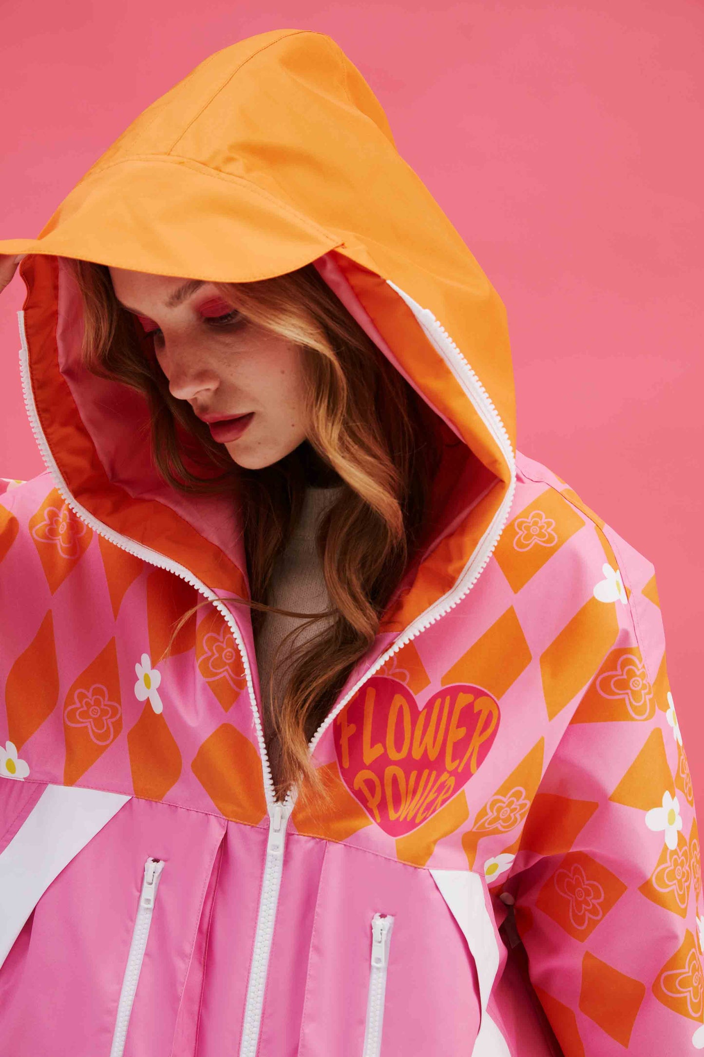 Orange Pink Checkered Human Raincoat