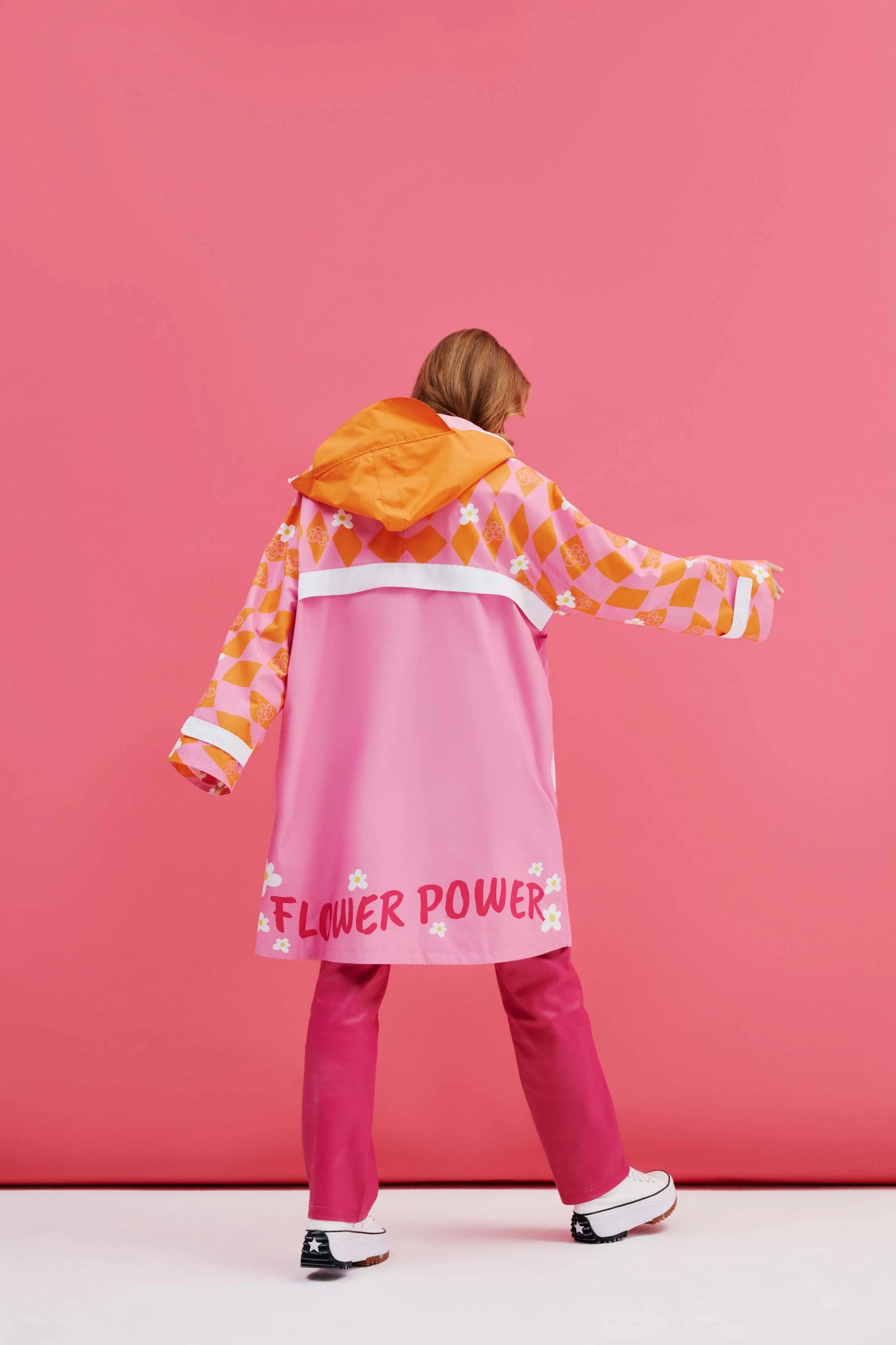 Orange Pink Checkered Human Raincoat