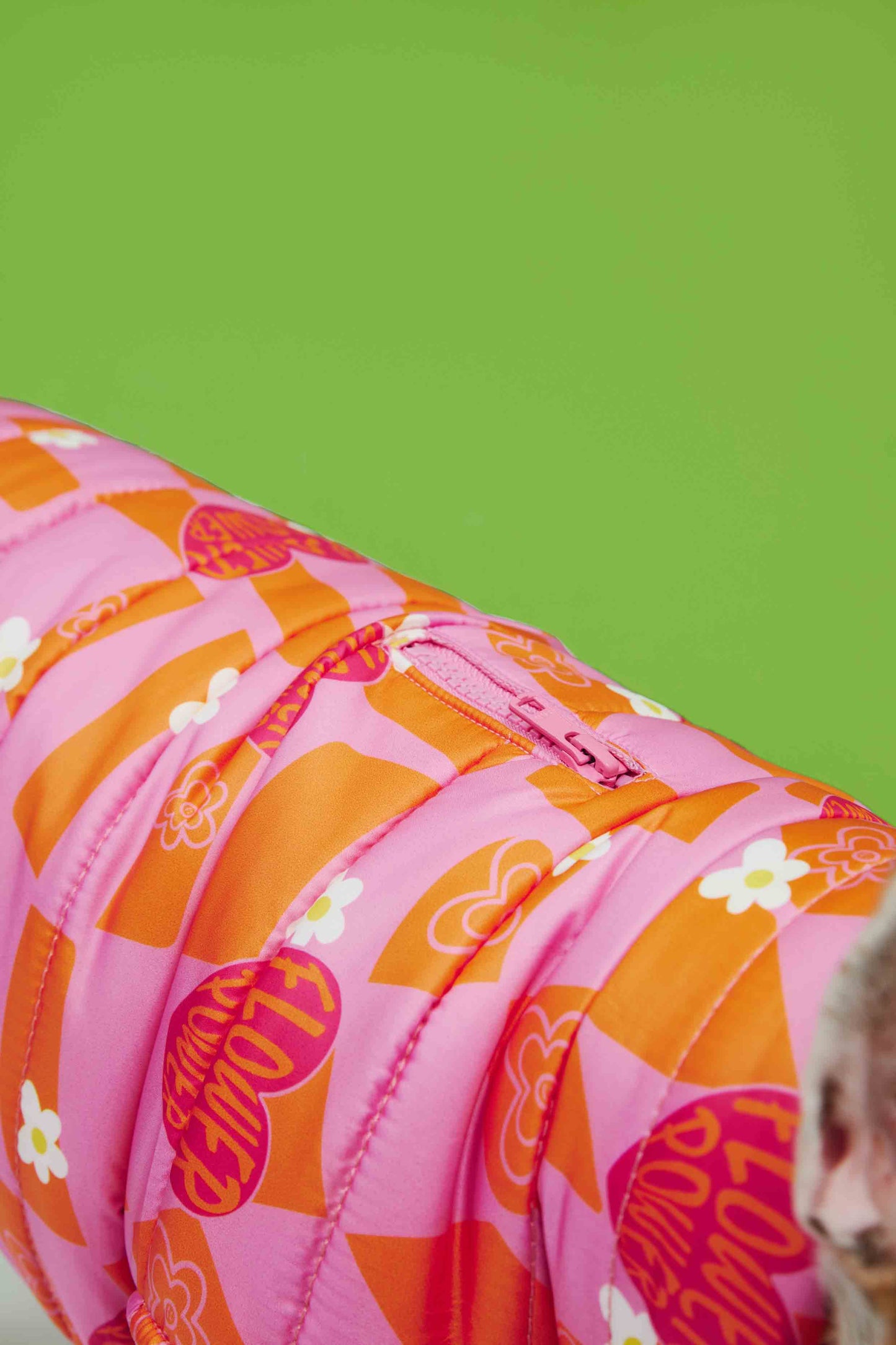 ORANGE PINK CHECKED PUFFY DOG COAT