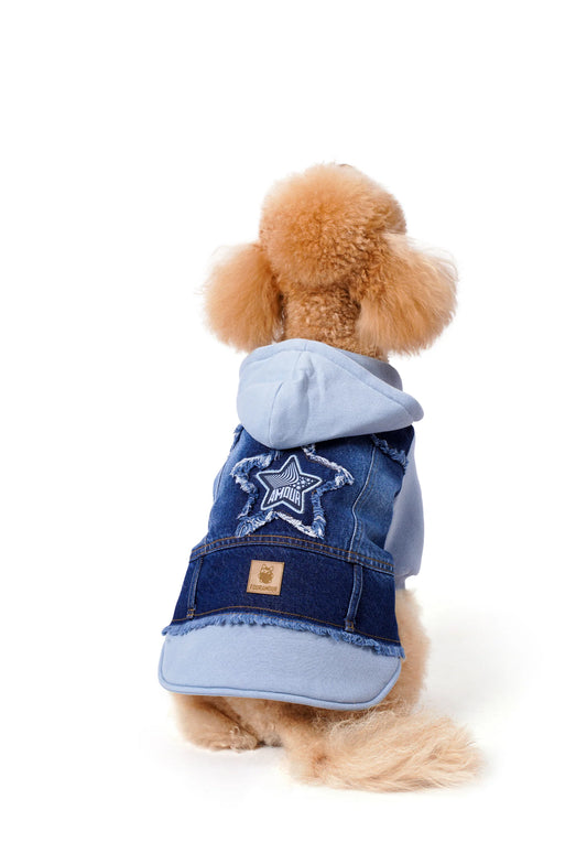 FOURAMOUR Bebek Mavisi Kapüşonlu Köpek Denim Ceketi