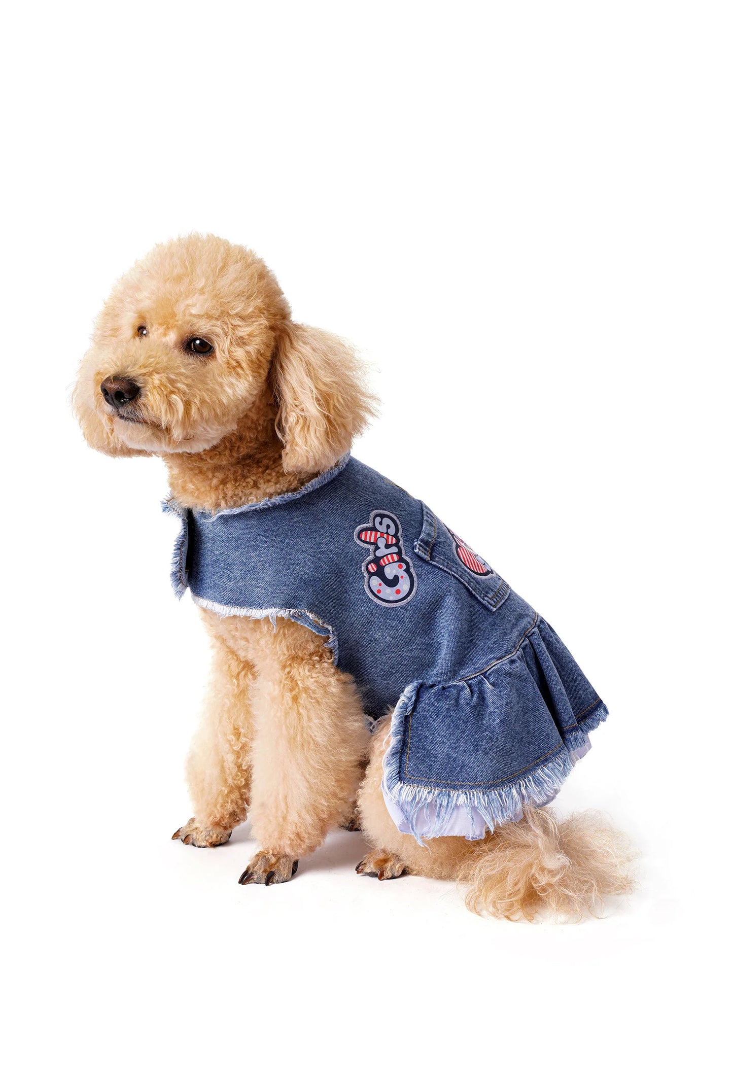 FOURAMOUR Mavi Etekli Koyu Kar Yıkama Denim Köpek Elbisesi “Girls”