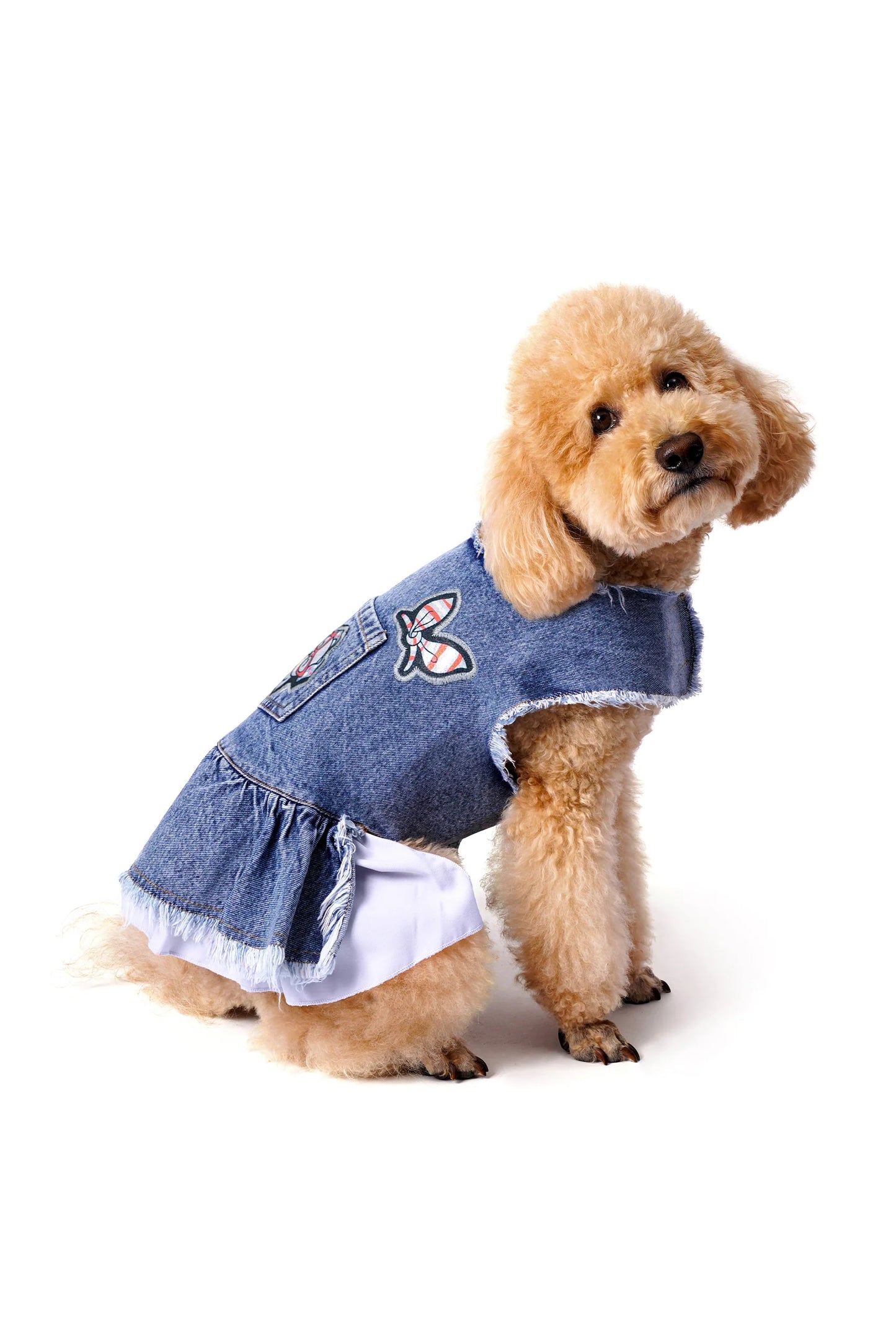 FOURAMOUR Mavi Etekli Koyu Kar Yıkama Denim Köpek Elbisesi “Girls”