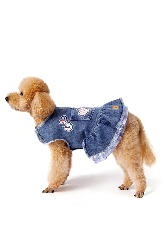 FOURAMOUR Mavi Etekli Koyu Kar Yıkama Denim Köpek Elbisesi “Girls”