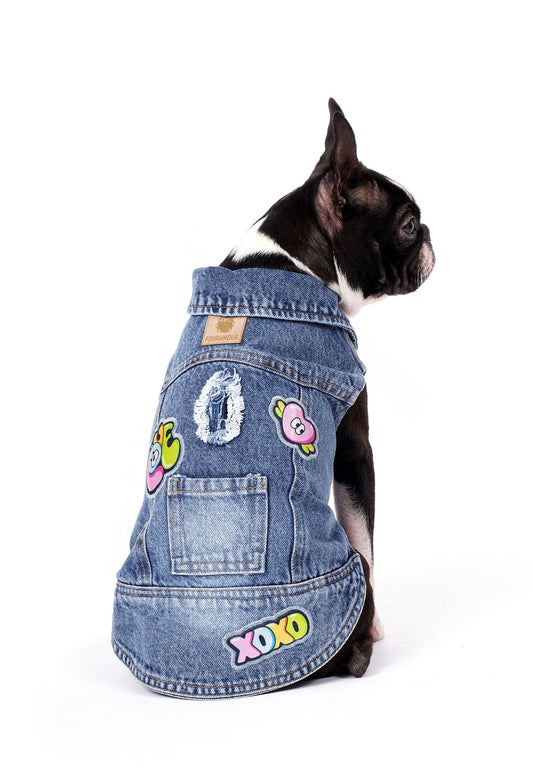 FOURAMOUR Koyu Kar Yıkama Denim Köpek Yeleği “Love”