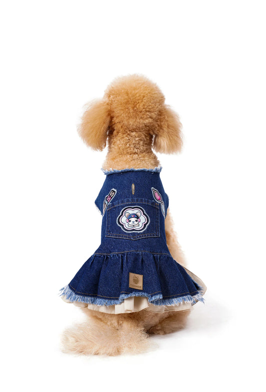 FOURAMOUR Bej Etekli Koyu Yıkama Denim Köpek Elbisesi “Kiss”