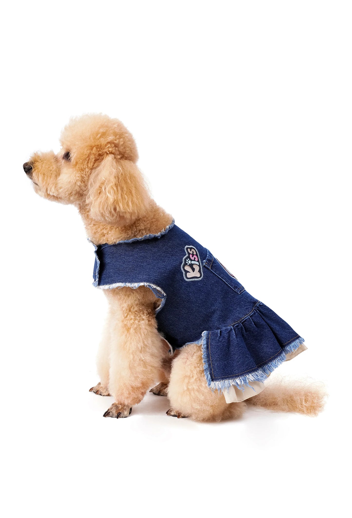 FOURAMOUR Bej Etekli Koyu Yıkama Denim Köpek Elbisesi “Kiss”