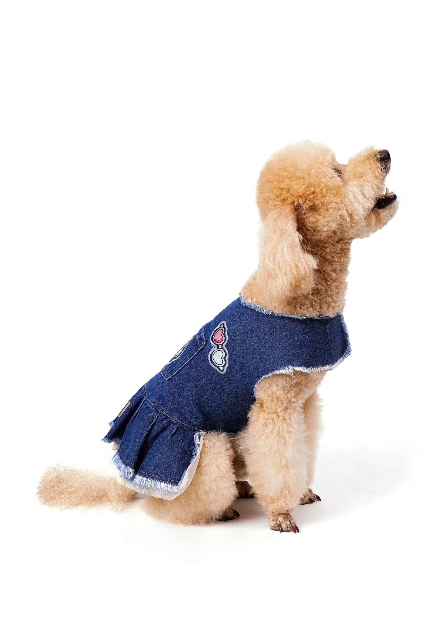 FOURAMOUR Bej Etekli Koyu Yıkama Denim Köpek Elbisesi “Kiss”