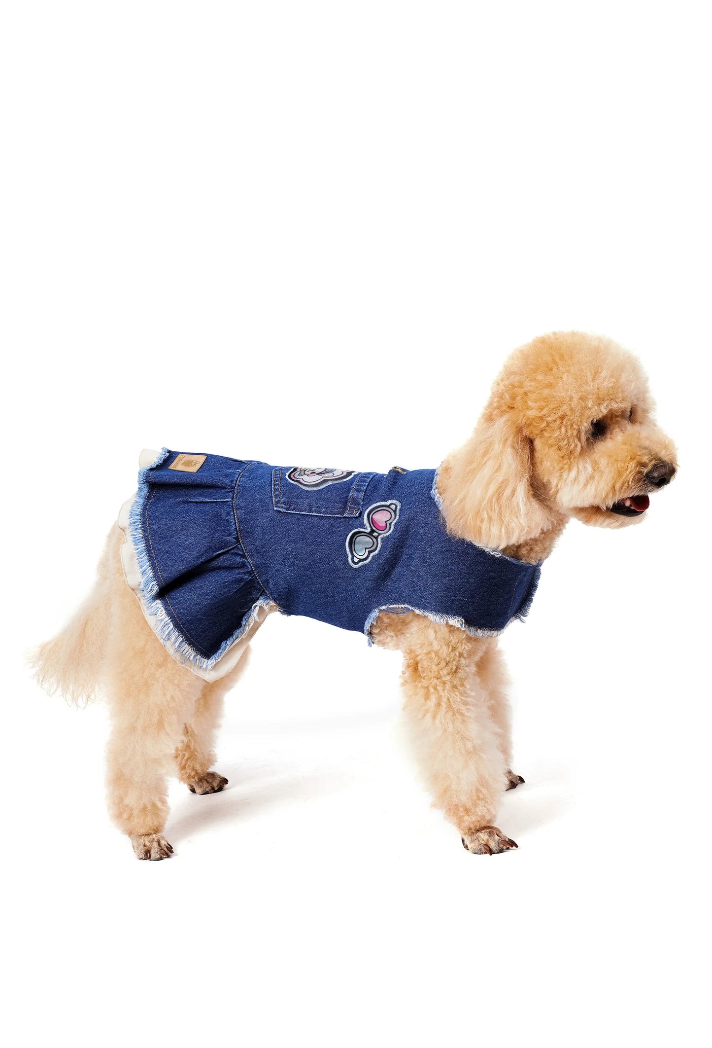 FOURAMOUR Bej Etekli Koyu Yıkama Denim Köpek Elbisesi “Kiss”