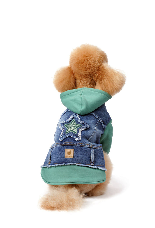 FOURAMOUR Su Yeşili Kapüşonlu Köpek Denim Ceketi