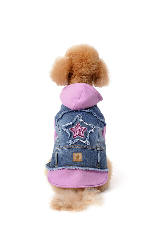 FOURAMOUR Açık Mor Kapüşonlu Orta Kar Yıkama Denim Köpek Ceketi