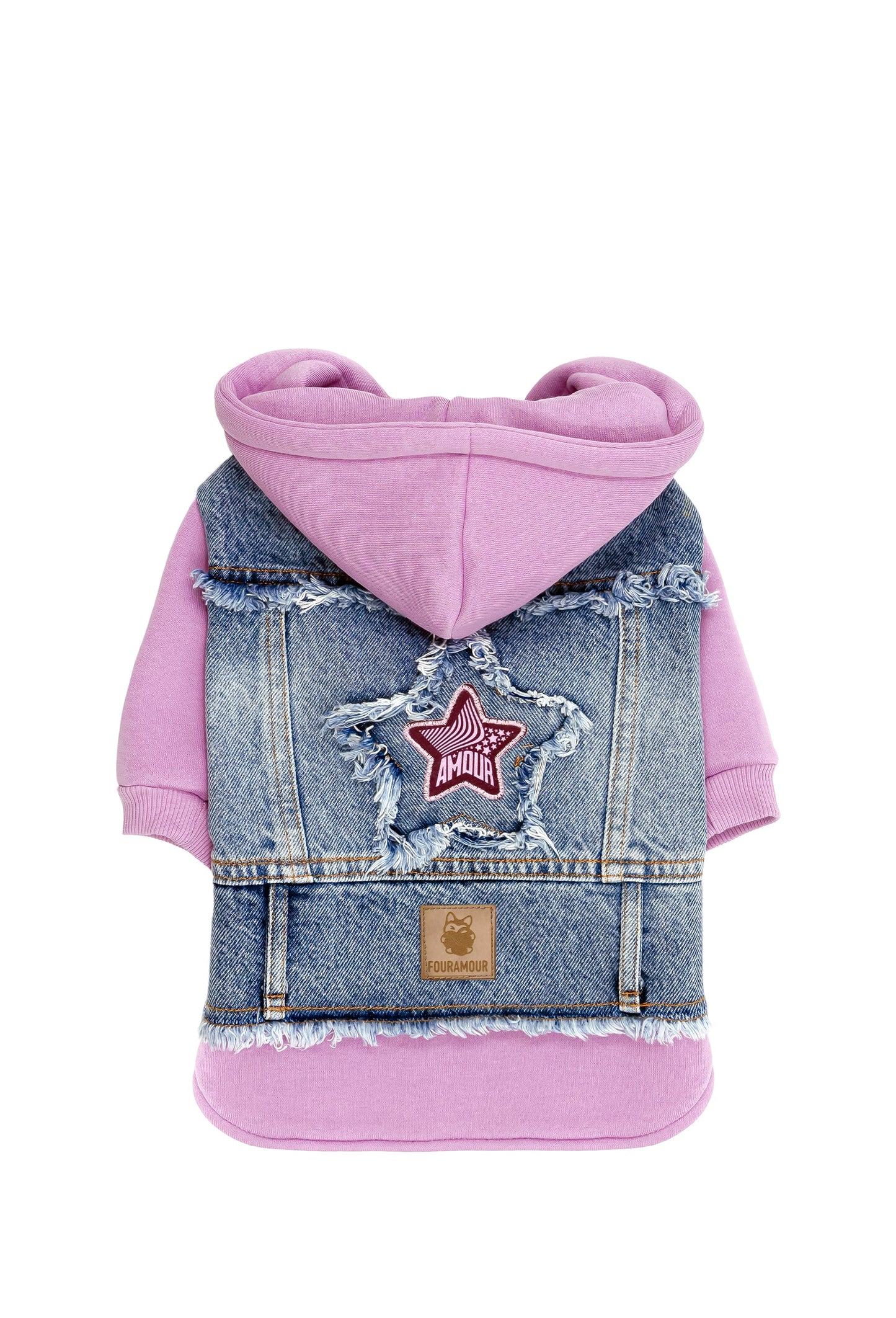 FOURAMOUR Açık Mor Kapüşonlu Orta Kar Yıkama Denim Köpek Ceketi