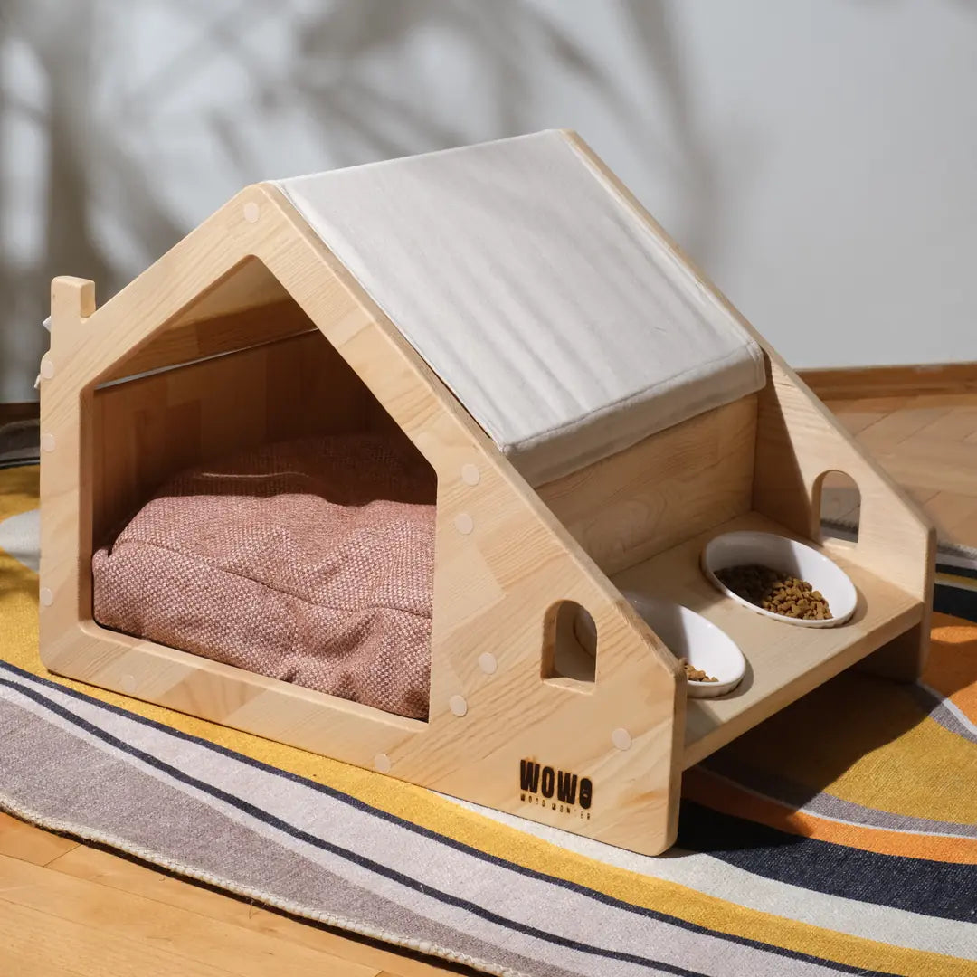 LEİF - Wooden Cat-Dog House with Food Stand