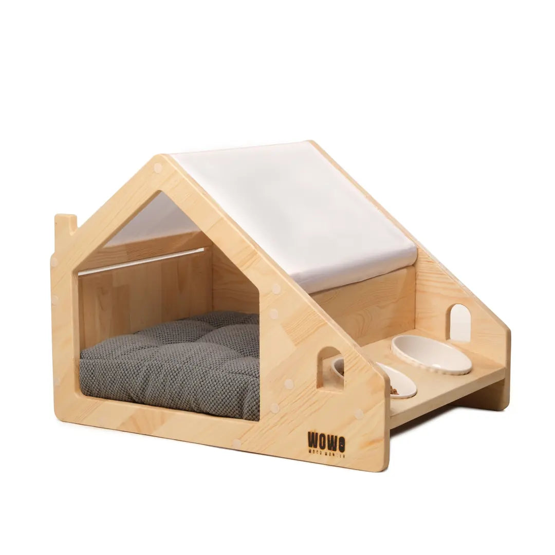 LEİF - Wooden Cat-Dog House with Food Stand