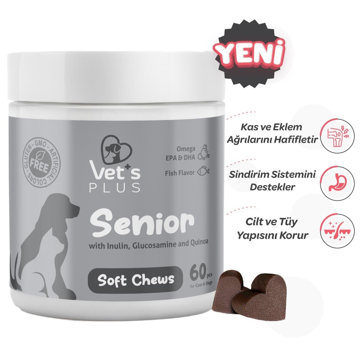 Vet's Plus Senior Yaşlı Kedi ve Köpekler İçin İnülin ve Glukozaminli Çiğnenebilir Tablet